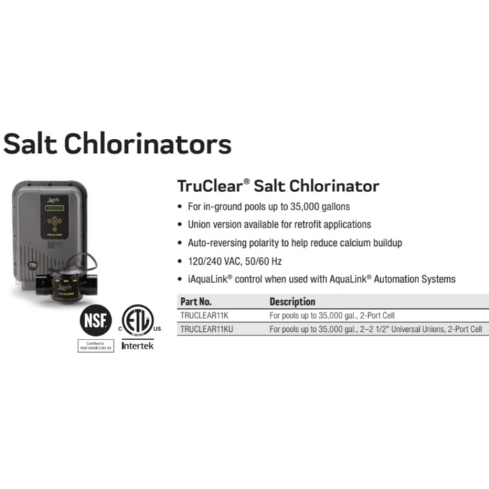 Jandy TRUCLEAR11K TruClear Saltwater Chlorinator Kit 35K gal (No Unions)