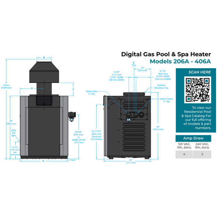 Raypak Digital 206A-406A Heater, Natural Gas, Cupronickel Heat Exchanger, 266-399K BTU