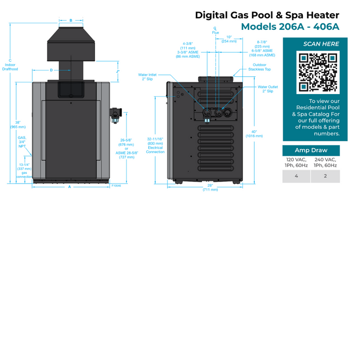 Raypak Digital 206A-406A Heater, Propane, Copper Heat Exchanger, 199-399K BTU